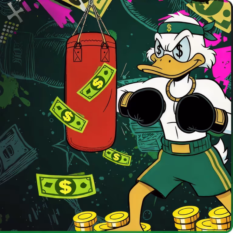 Alt Text: The casho.bet duck mascot dressed as a boxer in green shorts and black gloves, training next to a red punching bag amidst falling dollar bills.