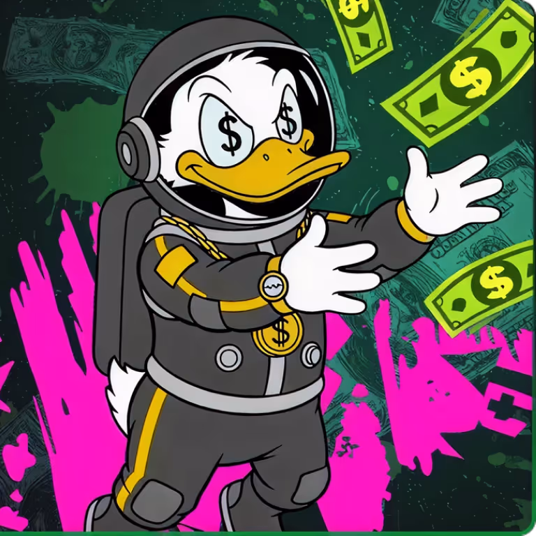 Alt Text: An astronaut cartoon duck character for casho.bet wearing a grey and gold spacesuit, gesturing with open arms against a background of floating crypto cash.